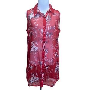 Pink Cattlelac Western Rodeo Bucking Horse Sleeveless Sheer Blouse NEW Medium